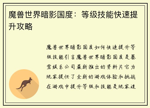 魔兽世界暗影国度：等级技能快速提升攻略